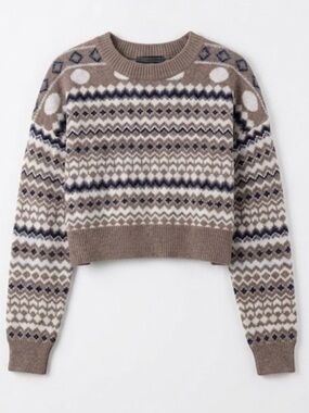 Knit Mix Cabincore Fair Isle Cropped Sweater Brown Geometric Knit Women’s Small